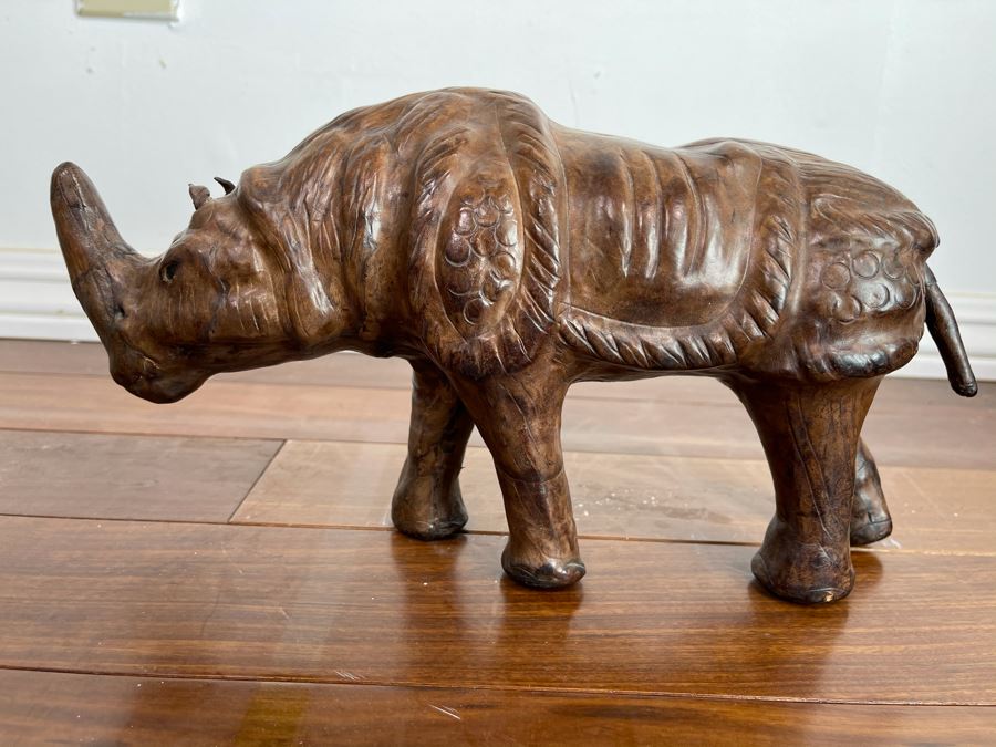 Vintage Leather Wrapped Rhinoceros Sculpture 13.5W X 4.5D X 7H