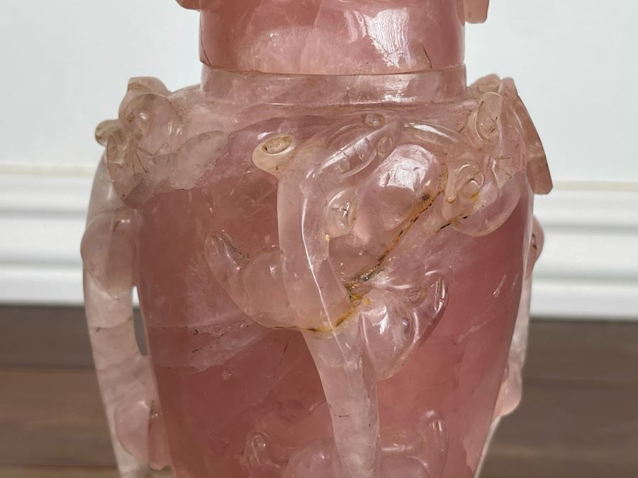 Vintage Chinese Relief Carved Rose Quartz Vase Jar With Lid And Stand 8H X 4W [Photo 5]