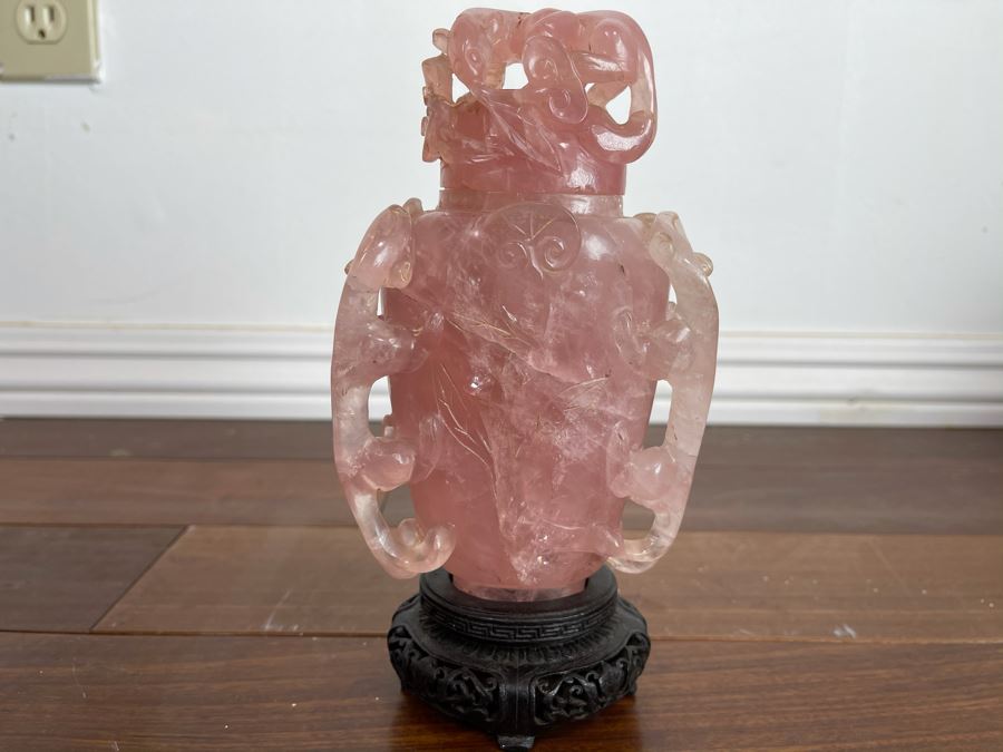 Vintage Chinese Relief Carved Rose Quartz Vase Jar With Lid And Stand 8H X 4W [Photo 1]