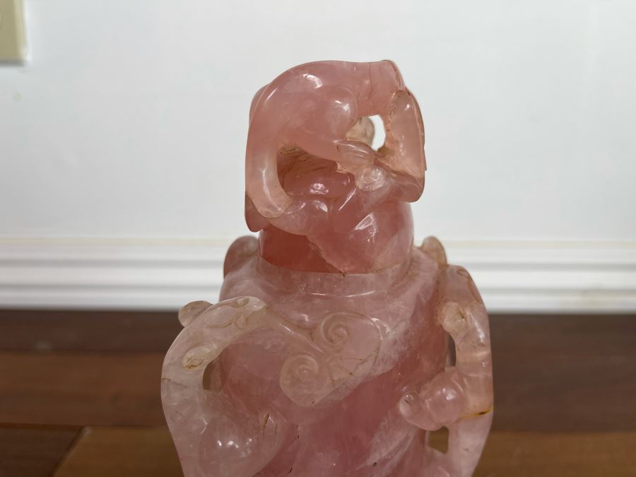 Vintage Chinese Relief Carved Rose Quartz Vase Jar With Lid And Stand 8H X 4W [Photo 11]