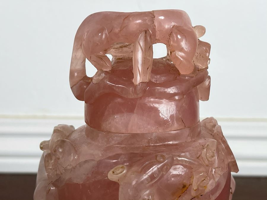 Vintage Chinese Relief Carved Rose Quartz Vase Jar With Lid And Stand 8H X 4W [Photo 6]