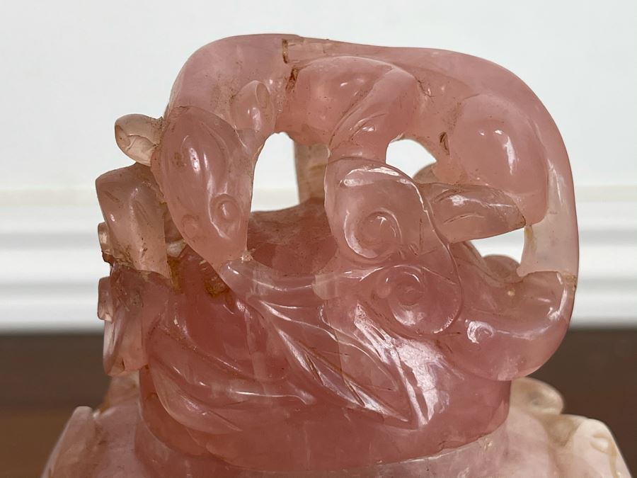 Vintage Chinese Relief Carved Rose Quartz Vase Jar With Lid And Stand 8H X 4W [Photo 18]