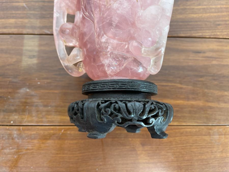 Vintage Chinese Relief Carved Rose Quartz Vase Jar With Lid And Stand 8H X 4W [Photo 15]