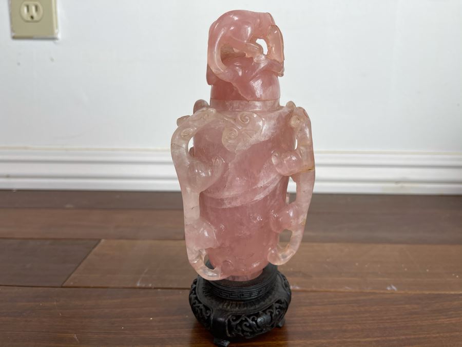 Vintage Chinese Relief Carved Rose Quartz Vase Jar With Lid And Stand 8H X 4W [Photo 9]