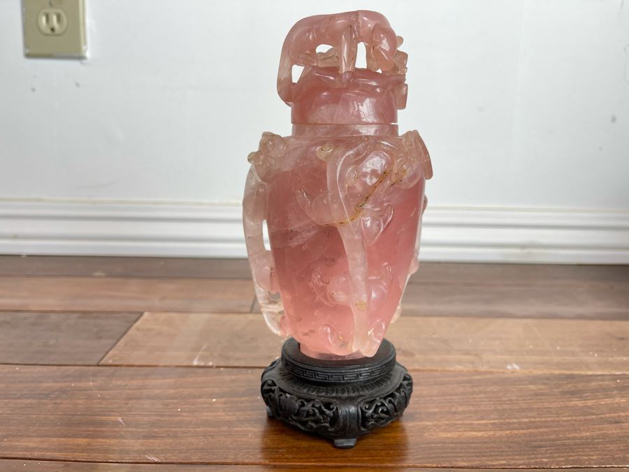 Vintage Chinese Relief Carved Rose Quartz Vase Jar With Lid And Stand 8H X 4W [Photo 2]