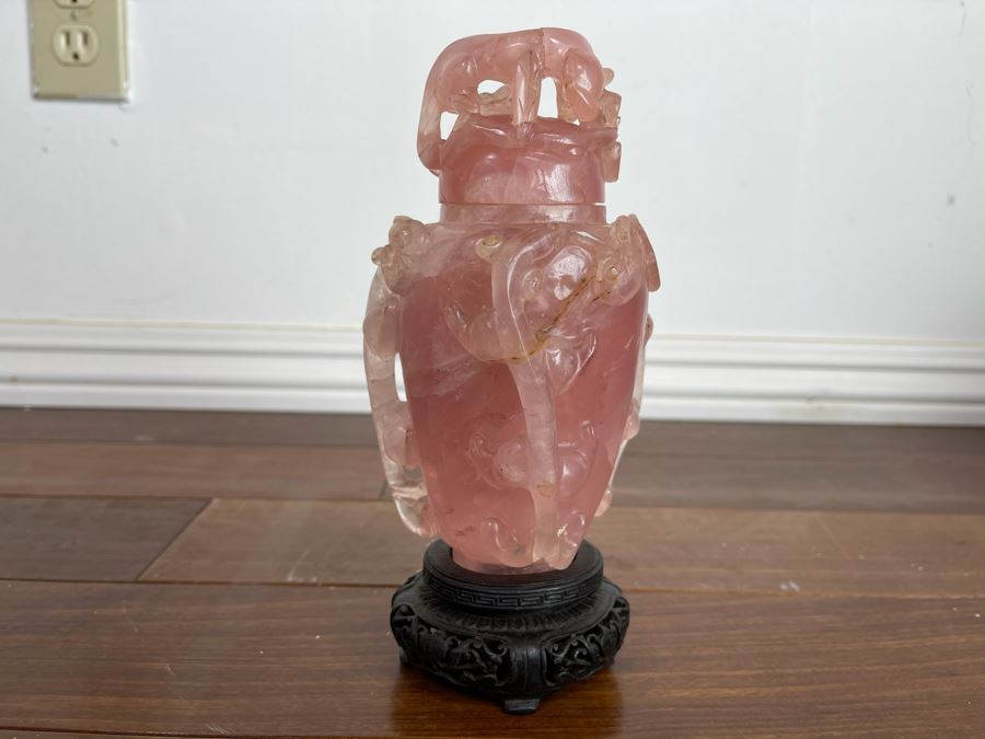 Vintage Chinese Relief Carved Rose Quartz Vase Jar With Lid And Stand 8H X 4W [Photo 3]