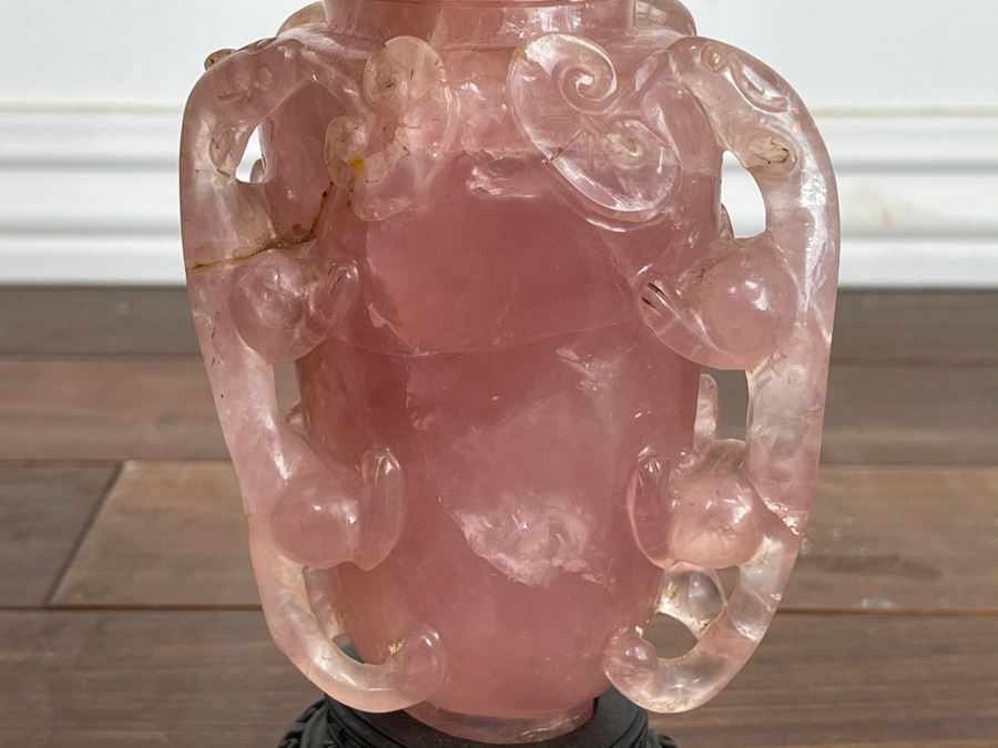 Vintage Chinese Relief Carved Rose Quartz Vase Jar With Lid And Stand 8H X 4W [Photo 21]