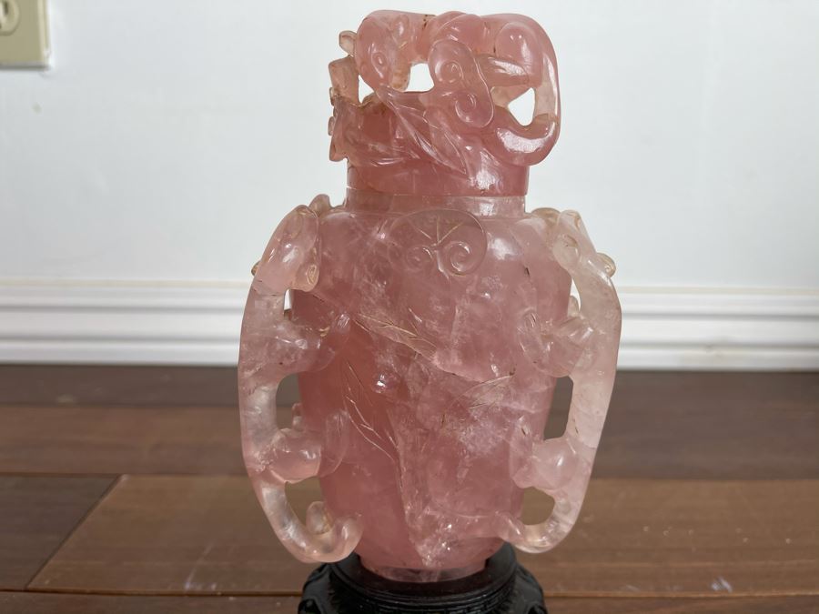 Vintage Chinese Relief Carved Rose Quartz Vase Jar With Lid And Stand 8H X 4W [Photo 8]