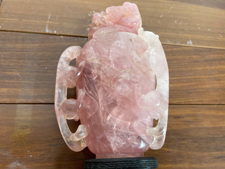 Vintage Chinese Relief Carved Rose Quartz Vase Jar With Lid And Stand 8H X 4W [Photo 16]
