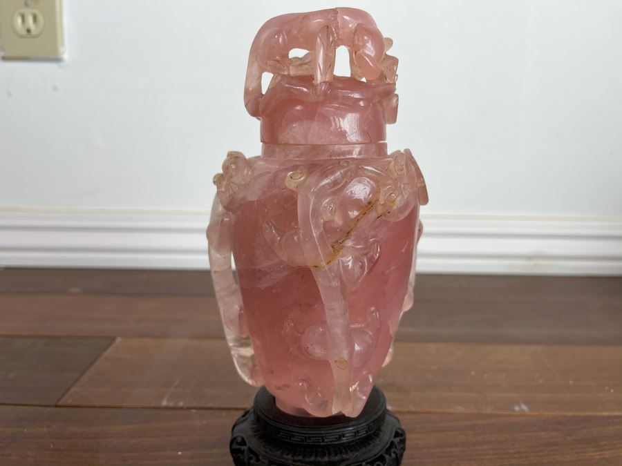 Vintage Chinese Relief Carved Rose Quartz Vase Jar With Lid And Stand 8H X 4W [Photo 4]