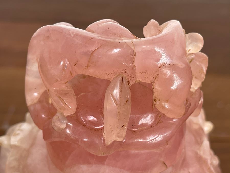 Vintage Chinese Relief Carved Rose Quartz Vase Jar With Lid And Stand 8H X 4W [Photo 19]