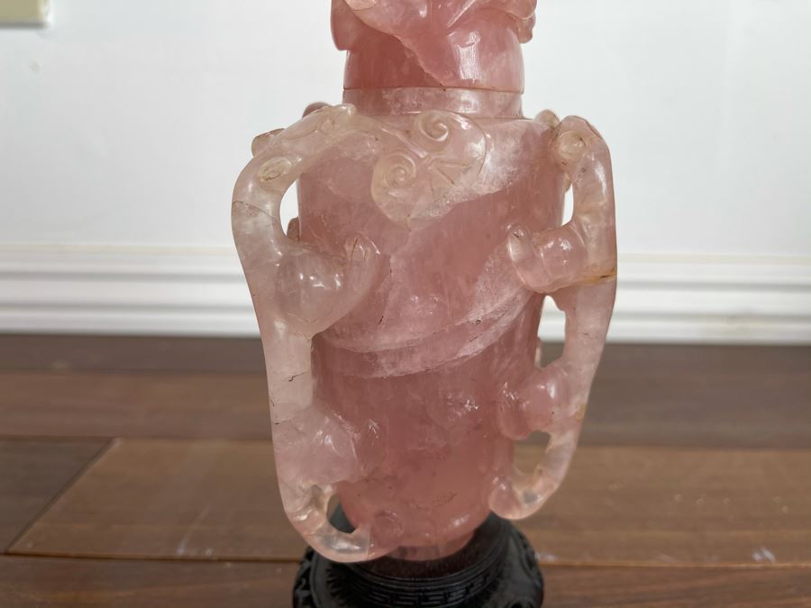 Vintage Chinese Relief Carved Rose Quartz Vase Jar With Lid And Stand 8H X 4W [Photo 10]
