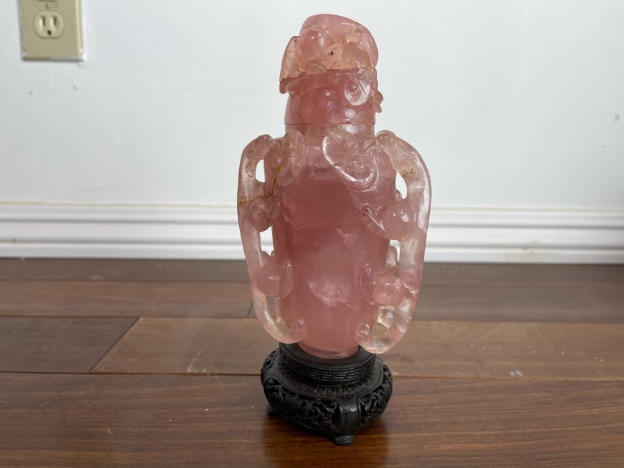 Vintage Chinese Relief Carved Rose Quartz Vase Jar With Lid And Stand 8H X 4W [Photo 7]