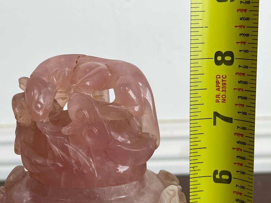 Vintage Chinese Relief Carved Rose Quartz Vase Jar With Lid And Stand 8H X 4W [Photo 22]