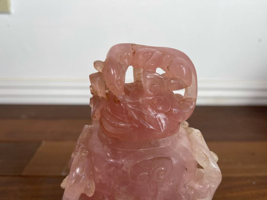 Vintage Chinese Relief Carved Rose Quartz Vase Jar With Lid And Stand 8H X 4W [Photo 17]