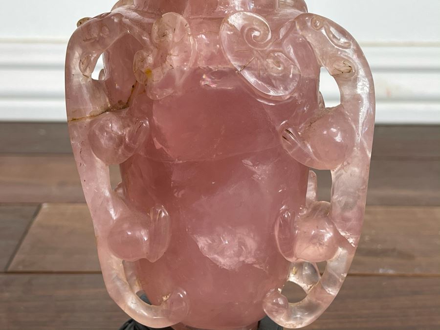 Vintage Chinese Relief Carved Rose Quartz Vase Jar With Lid And Stand 8H X 4W [Photo 20]
