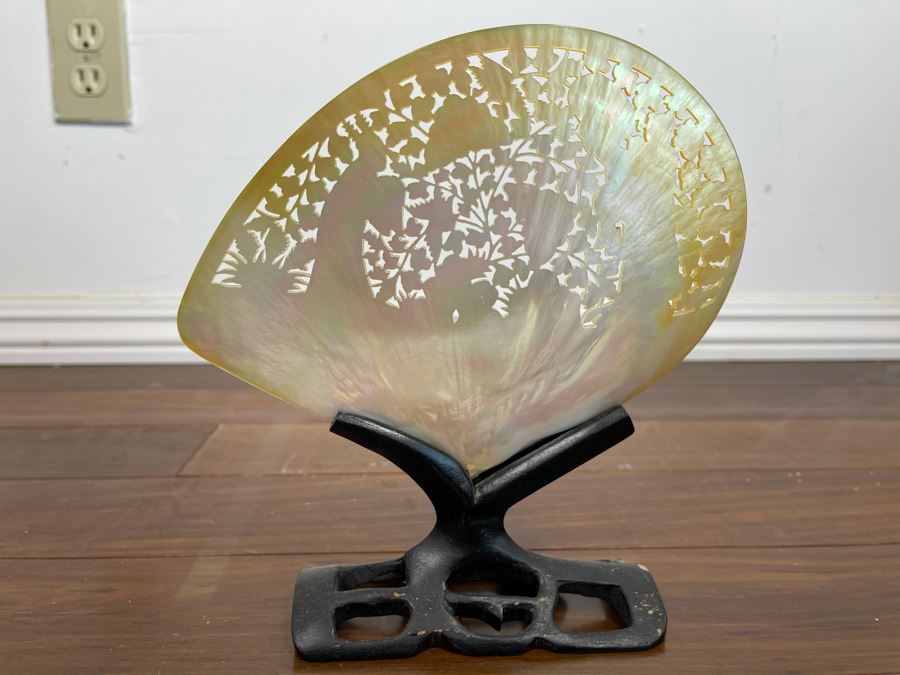 Chinese Carved Mother Of Pearl Shell With Stand 8 X 9 [Photo 8]