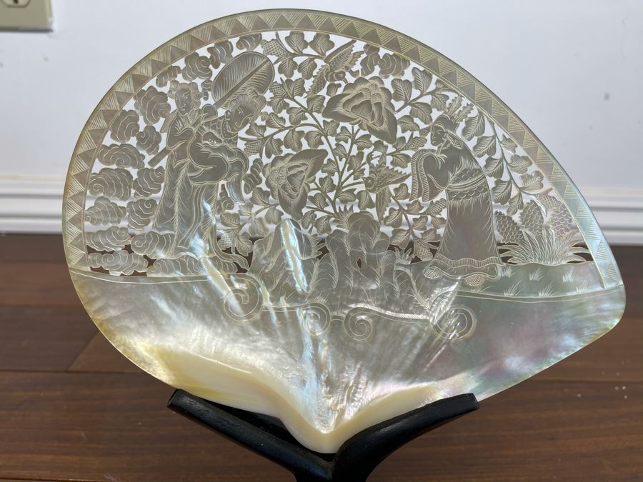 Chinese Carved Mother Of Pearl Shell With Stand 8 X 9 [Photo 3]