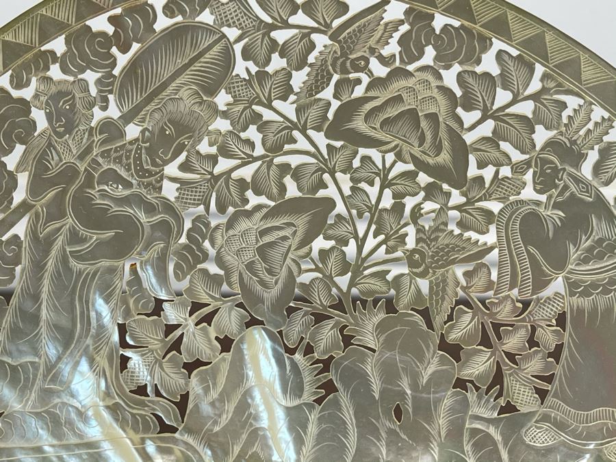 Chinese Carved Mother Of Pearl Shell With Stand 8 X 9 [Photo 5]