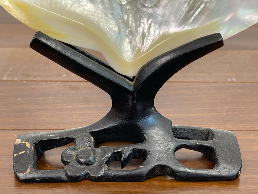 Chinese Carved Mother Of Pearl Shell With Stand 8 X 9 [Photo 7]