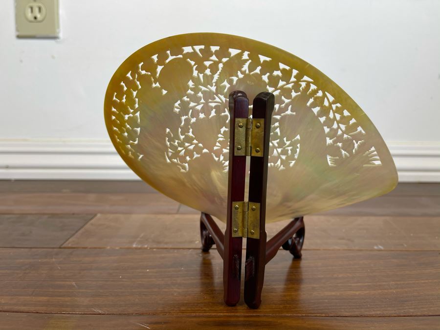 Chinese Carved Mother Of Pearl Shell With Stand 8 X 7 [Photo 7]
