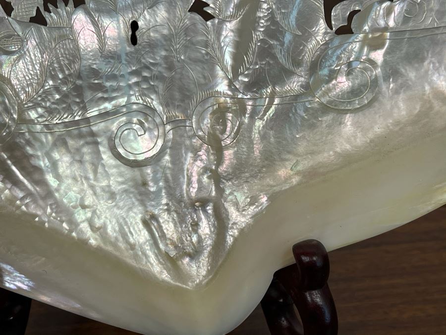 Chinese Carved Mother Of Pearl Shell With Stand 8 X 7 [Photo 6]