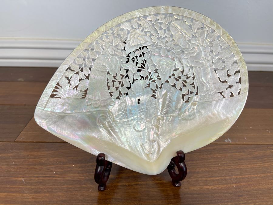 Chinese Carved Mother Of Pearl Shell With Stand 8 X 7 [Photo 2]