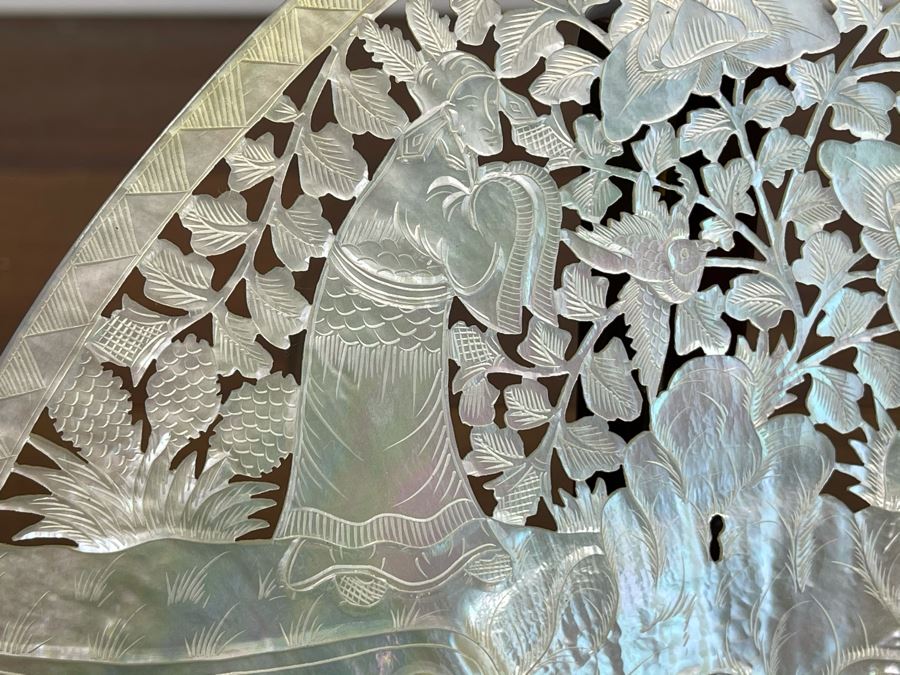 Chinese Carved Mother Of Pearl Shell With Stand 8 X 7 [Photo 3]