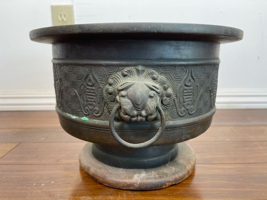 Vintage Chinese Bronze Footed Vessel Bowl With Rings 12W X 8H [Photo 2]