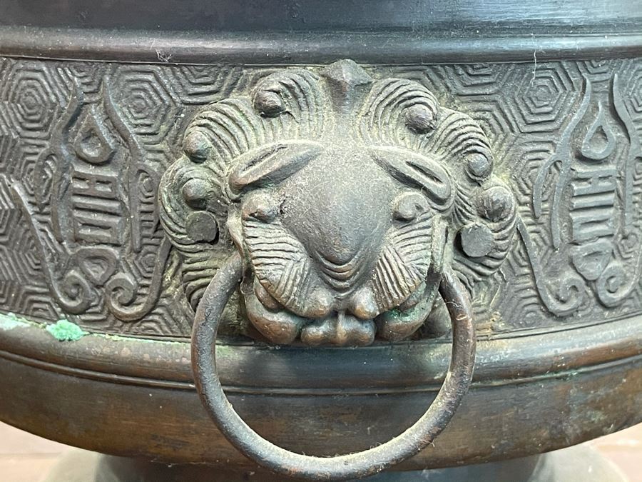 Vintage Chinese Bronze Footed Vessel Bowl With Rings 12W X 8H [Photo 9]