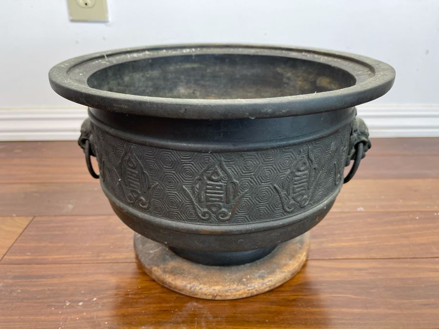 Vintage Chinese Bronze Footed Vessel Bowl With Rings 12W X 8H [Photo 6]
