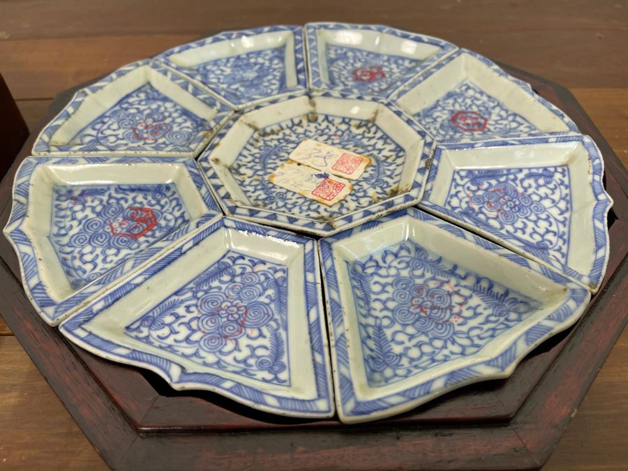 People's Republic Of China Porcelain Divided Dishes Plates Sweetmeat With Rosewood Display Box 11.5W X 3H [Photo 8]