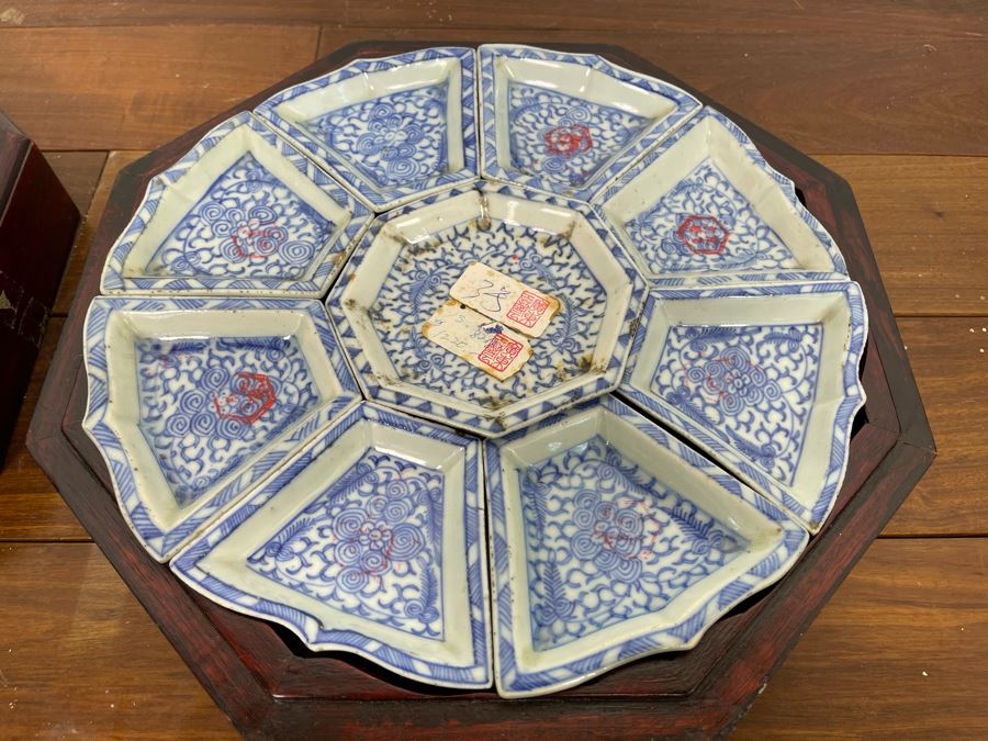 People's Republic Of China Porcelain Divided Dishes Plates Sweetmeat With Rosewood Display Box 11.5W X 3H [Photo 3]