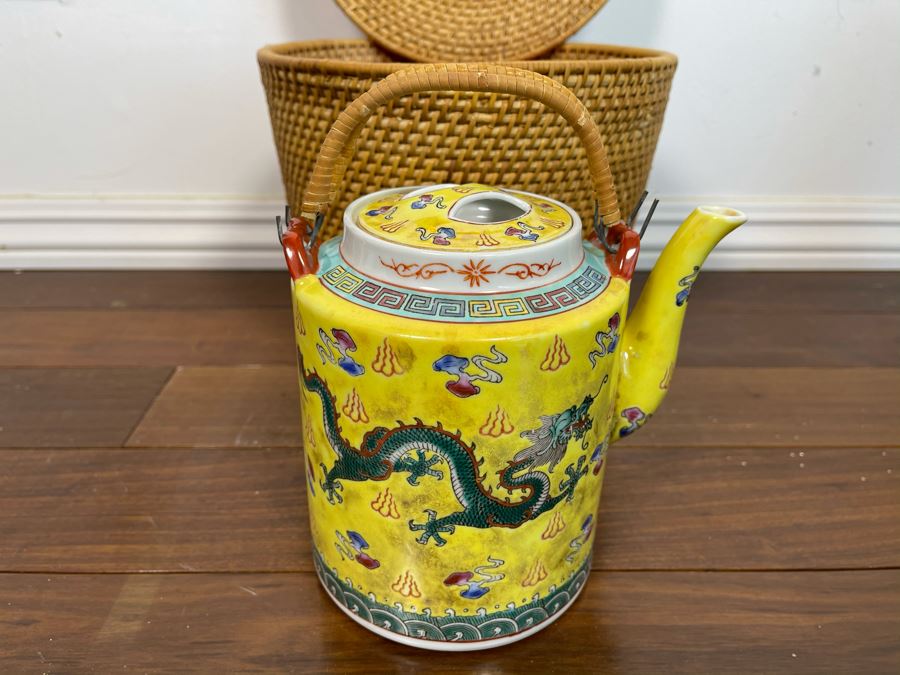 Chinese Porcelain Dragon Design Teapot With Teapot Warmer Basket 8H X 9.5W