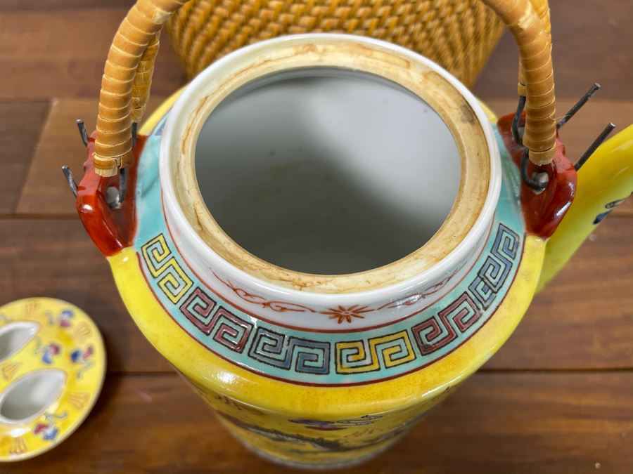Chinese Porcelain Dragon Design Teapot With Teapot Warmer Basket 8H X 9.5W [Photo 8]