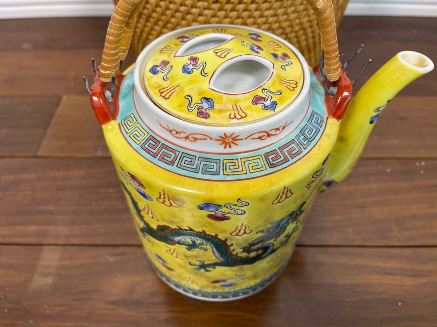 Chinese Porcelain Dragon Design Teapot With Teapot Warmer Basket 8H X 9.5W [Photo 6]