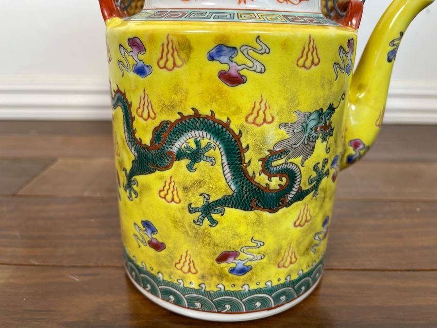 Chinese Porcelain Dragon Design Teapot With Teapot Warmer Basket 8H X 9.5W [Photo 5]