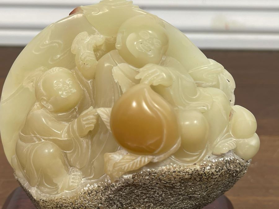 Vintage Chinese Carved Hardstone Sculpture With Wooden Stand 4.5W X 5H [Photo 3]