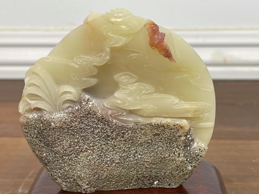 Vintage Chinese Carved Hardstone Sculpture With Wooden Stand 4.5W X 5H [Photo 7]