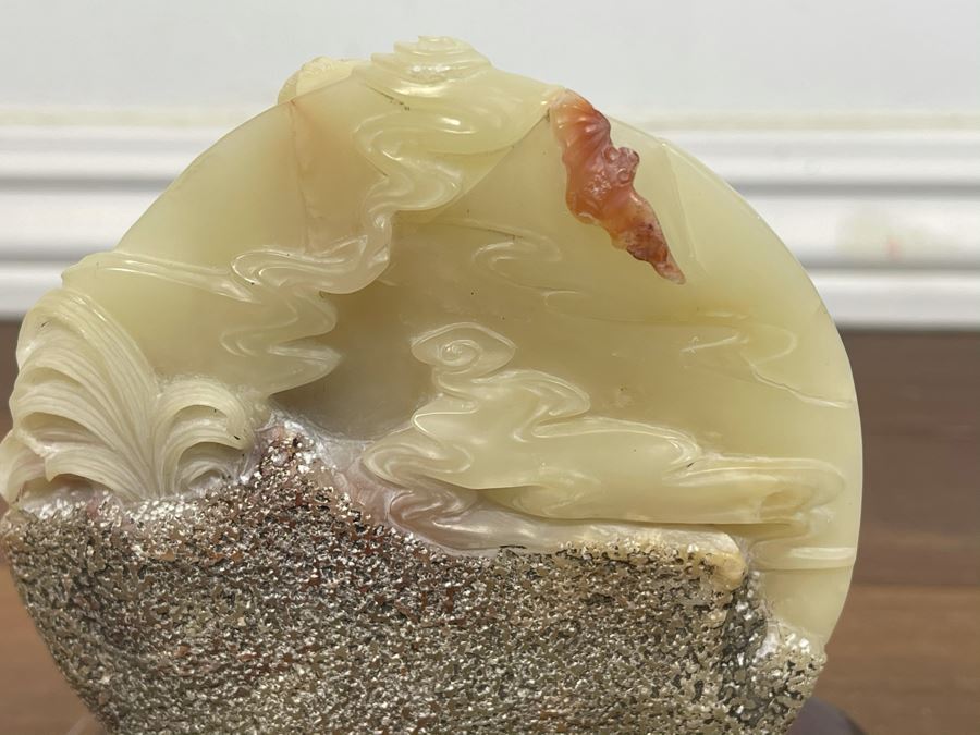 Vintage Chinese Carved Hardstone Sculpture With Wooden Stand 4.5W X 5H [Photo 8]