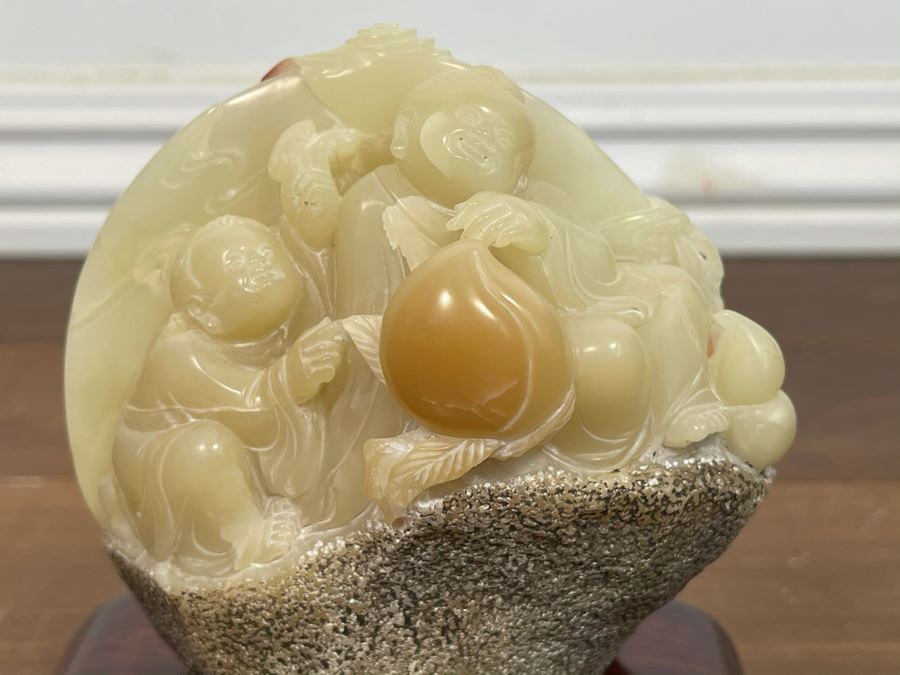 Vintage Chinese Carved Hardstone Sculpture With Wooden Stand 4.5W X 5H [Photo 2]