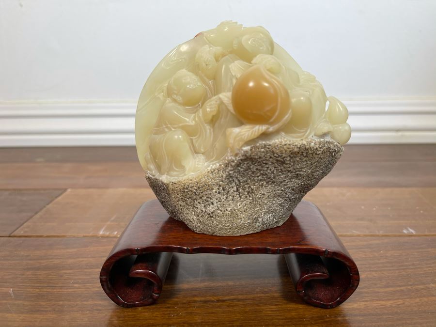 Vintage Chinese Carved Hardstone Sculpture With Wooden Stand 4.5W X 5H [Photo 1]