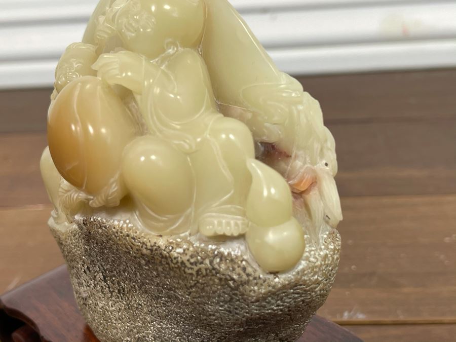 Vintage Chinese Carved Hardstone Sculpture With Wooden Stand 4.5W X 5H [Photo 6]