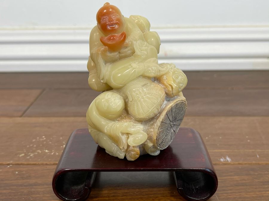 Vintage Chinese Carved Hardstone Sculpture Of Two Figures And Dog