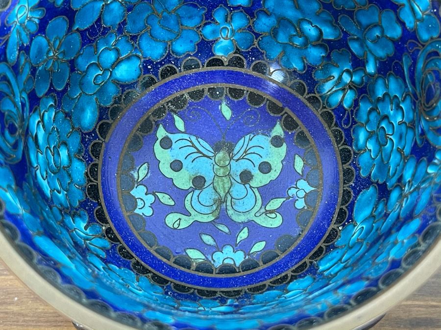 Vintage Chinese Cloisonne Cup With Butterfly Design And Wooden Stand 4W X 3H [Photo 5]