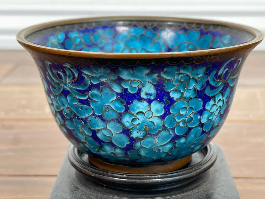 Vintage Chinese Cloisonne Cup With Butterfly Design And Wooden Stand 4W X 3H [Photo 4]