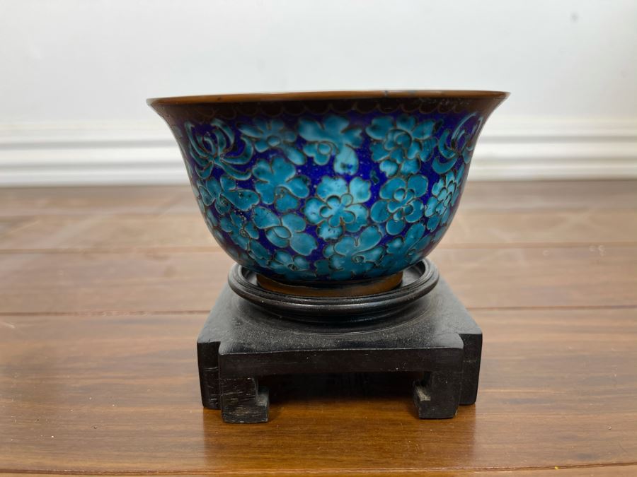 Vintage Chinese Cloisonne Cup With Butterfly Design And Wooden Stand 4W X 3H [Photo 3]