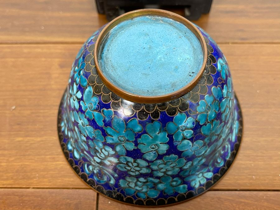 Vintage Chinese Cloisonne Cup With Butterfly Design And Wooden Stand 4W X 3H [Photo 6]