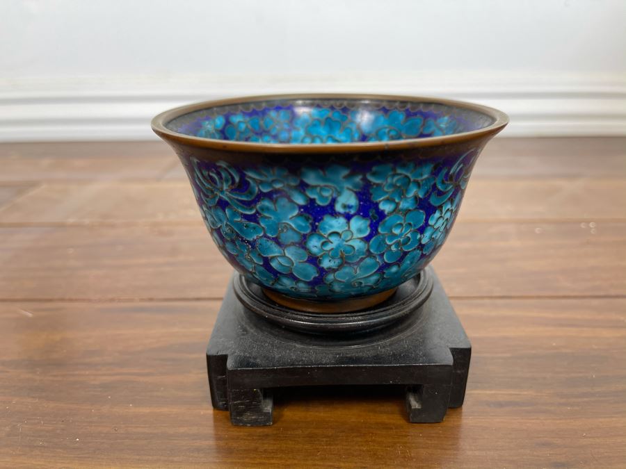 Vintage Chinese Cloisonne Cup With Butterfly Design And Wooden Stand 4W X 3H [Photo 2]