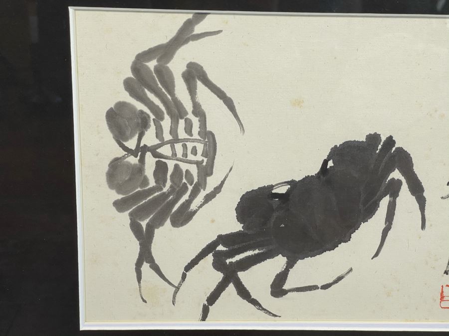 Framed Signed Chinese Ink Drawing Of Crabs 17.5 X 15 [Photo 3]